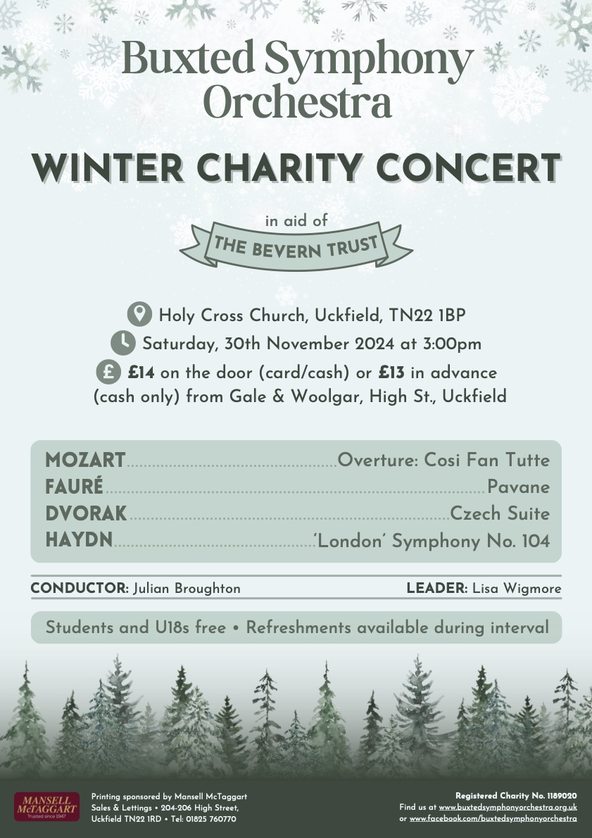 Buxted Symphony Orchestra Concert 1 The Bevern Trust BSO Winter Concert flyer 30.11.24 • The Bevern Trust